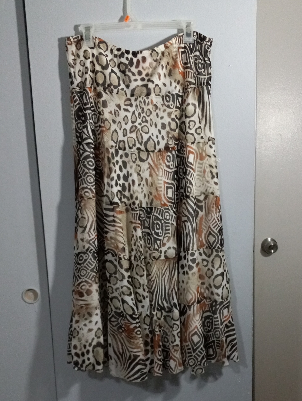 hearts of palm Tiered Maxi Skirt in Cream, Brown and Orange Animal Patch